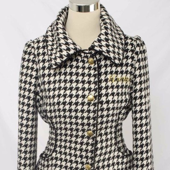 ]NEW Dereon Beyonce Y2K PEPLUM Houndstooth  Black Snap Wool Jacket Coat  M - Picture 14 of 17